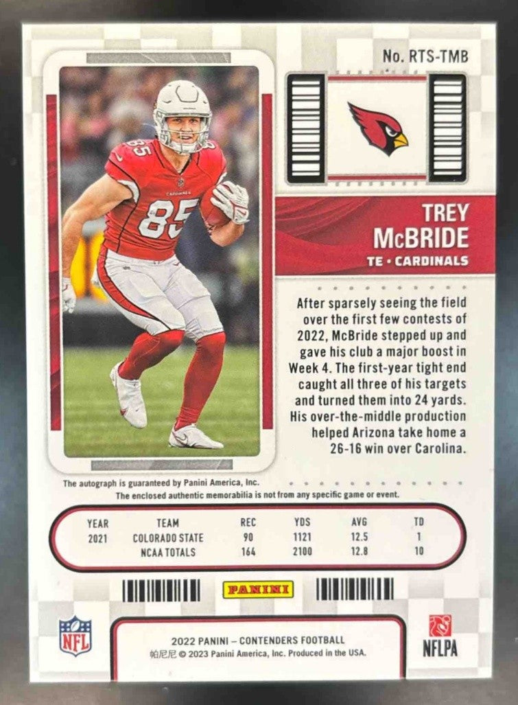 2022 Contenders Trey McBride Rookie Ticket Swatches Auto RC Arizona Cardinals