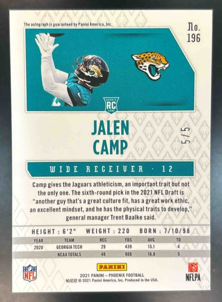 2021 Panini Phoenix Jalen Camp Auto Black 5/5 BOOK END RC Jacksonville Jaguars
