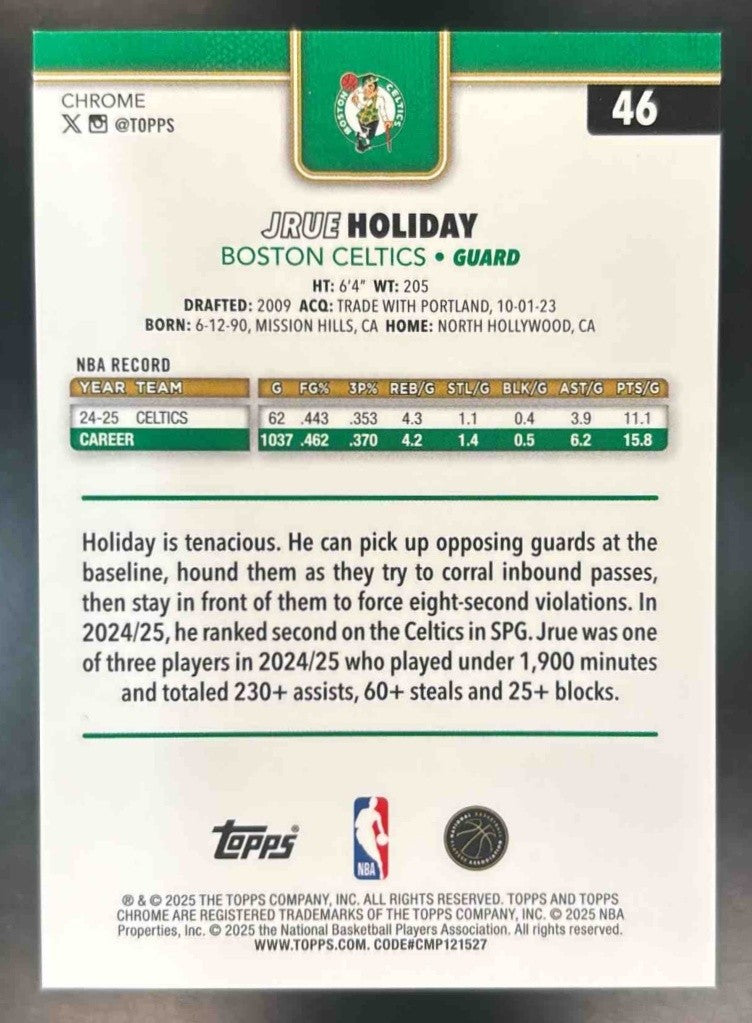2025-26 Topps Chrome Jrue Holiday Gold Basketball Refractor /50 #46 Celtics