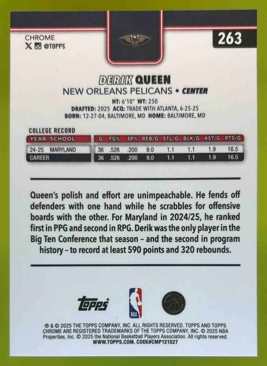 2025-26 Topps Chrome Derik Queen RayWave Refractor #263 RC New Orleans Pelicans