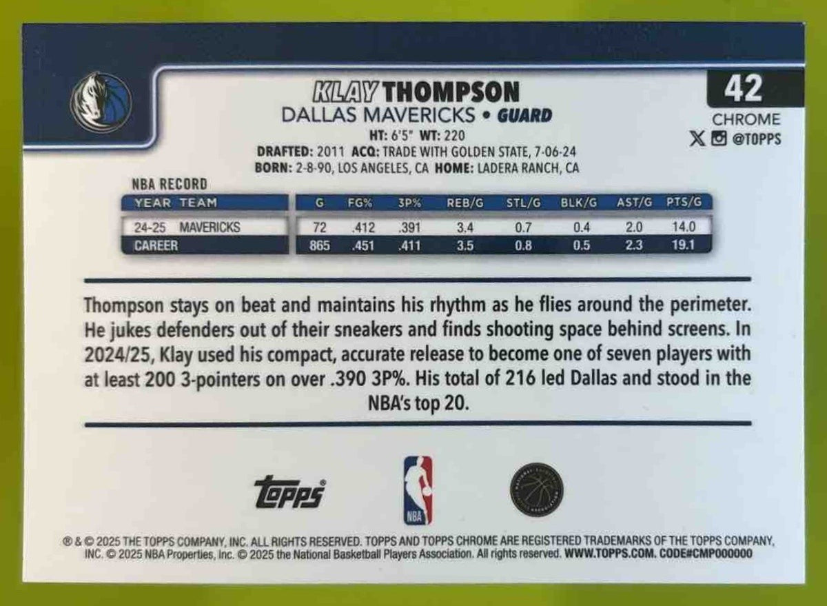 2025-26 Topps Chrome Klay Thompson Yellow Basketball /275 #42 Dallas Mavericks
