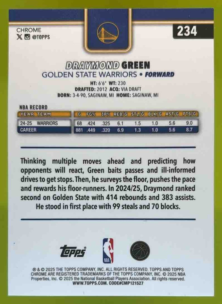 2025-26 Topps Chrome Draymond Green Yellow /275 #234 Golden State Warriors