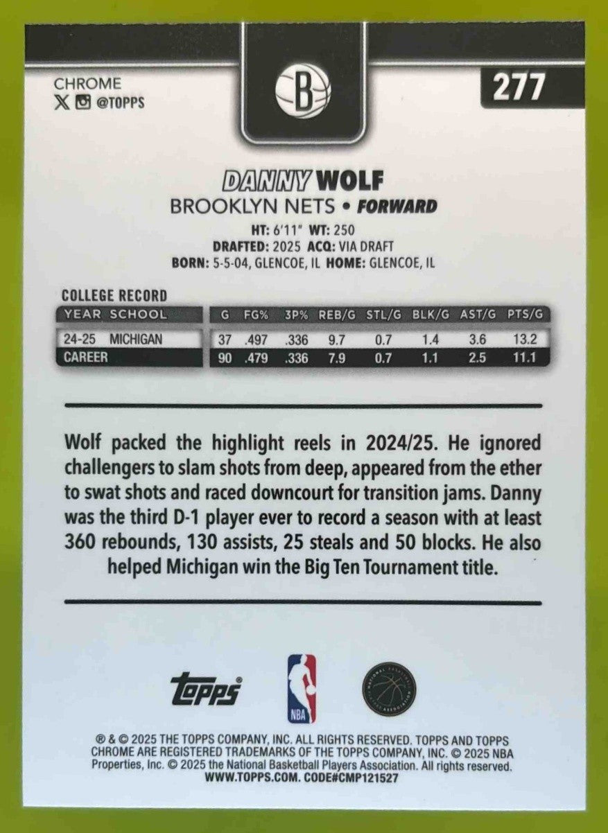 2025-26 Topps Chrome Danny Wolf Teal Refractor 165/299 #277 RC Brooklyn Nets