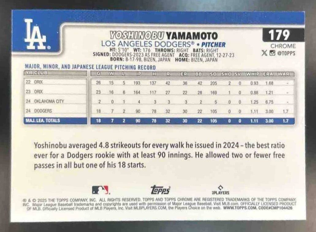 2025 Topps Chrome Yoshinobu Yamamoto X-Fractor #179 Los Angeles Dodgers