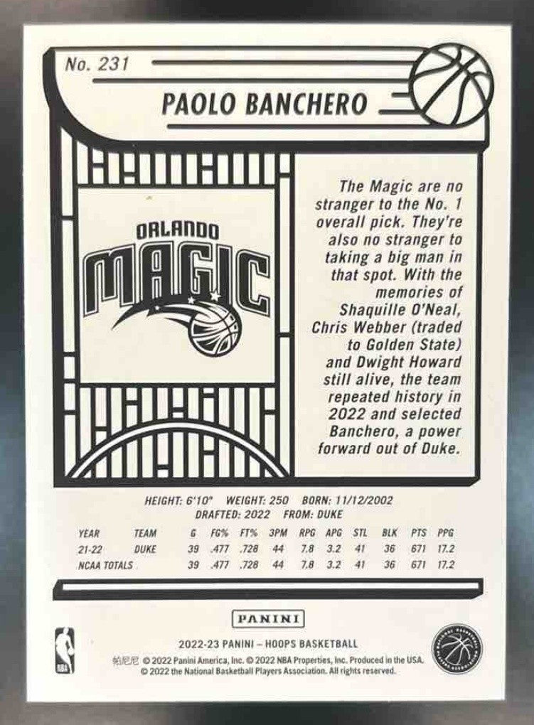2022-23 Panini Hoops Paolo Banchero Purple #231 RC Orlando Magic