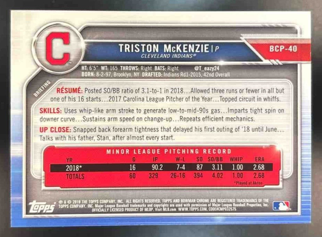 2019 Bowman Triston McKenzie Chrome Prospects Yellow Refractor /75 #BCP-40
