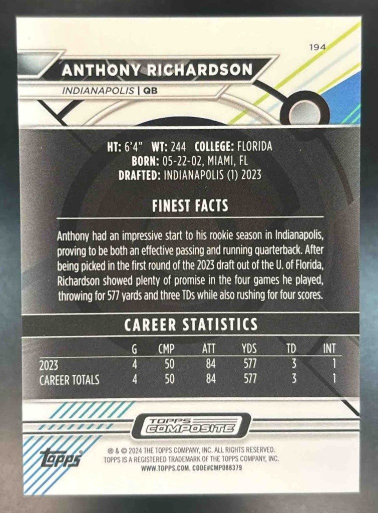 2023 Topps Composite Anthony Richardson Finest Purple /250 #194a RC Colts