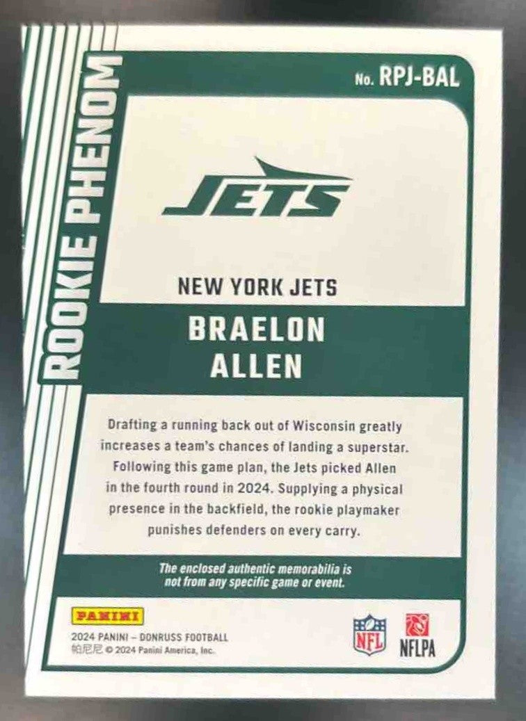 2024 Panini Donruss Braelon Allen Rookie Phenom Jerseys MEM RC New York Jets