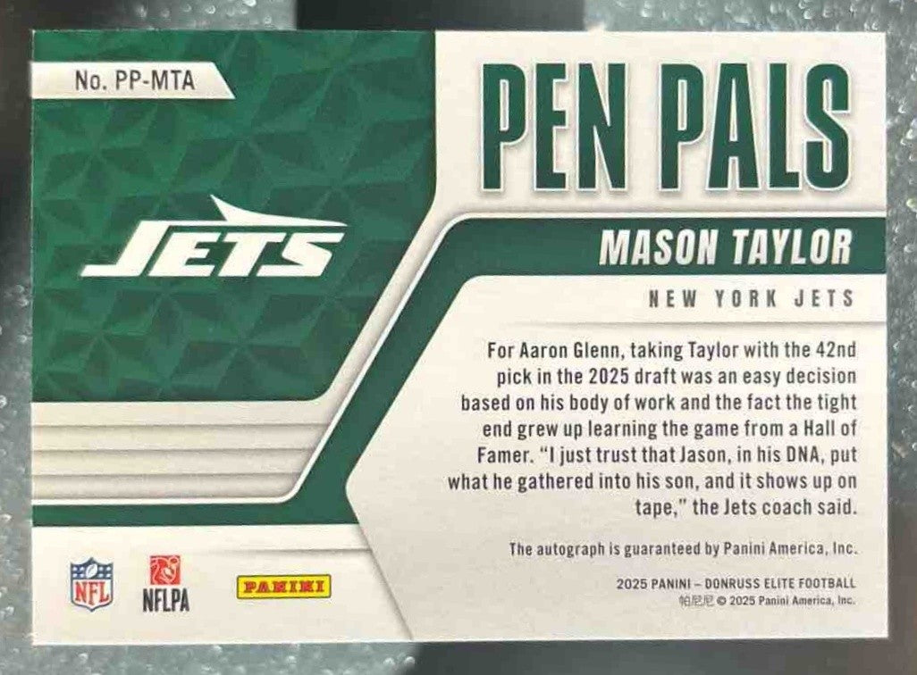 2025 Donruss Elite Mason Taylor Pen Pals Horizontal Auto New York Jets