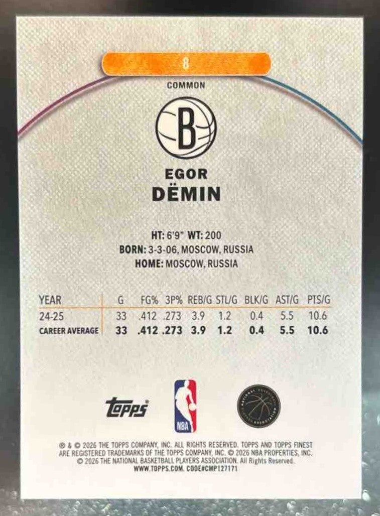 2025-26 Topps Finest Egor Demin Common Orange Refractor /25 #8 RC Brooklyn Nets