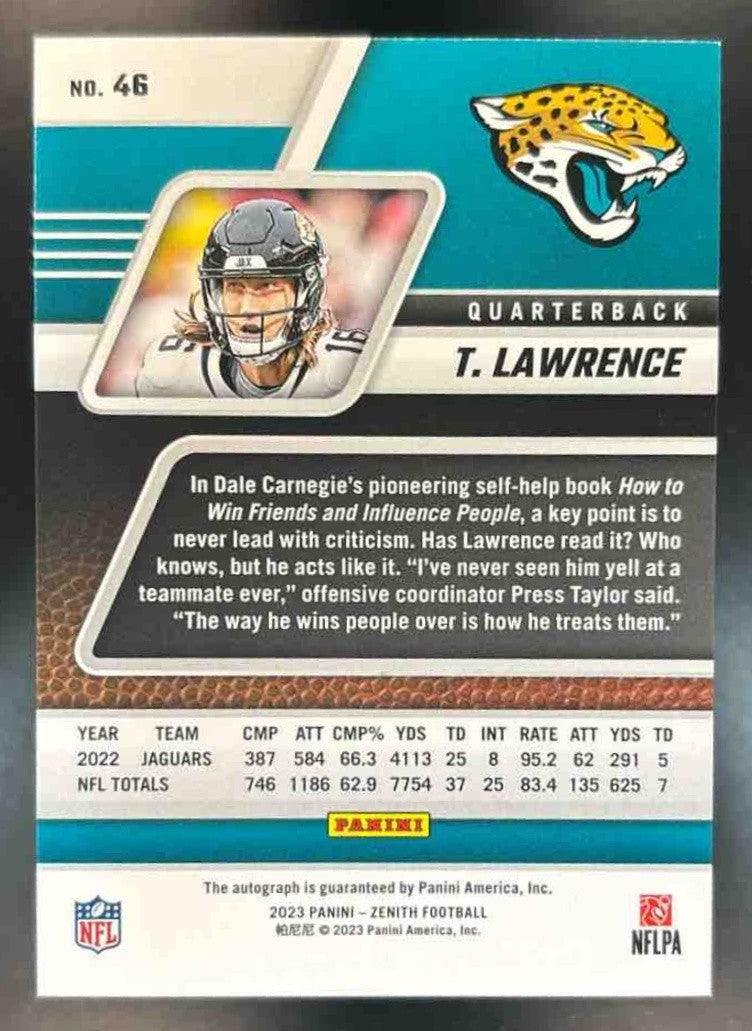 2023 Panini Zenith Trevor Lawrence Auto Gold /10 #46 Jacksonville Jaguars