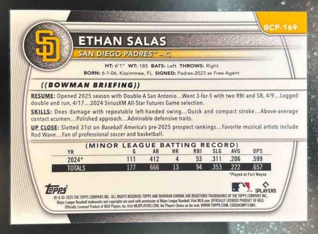 2025 Bowman Chrome Ethan Salas Prospects Peanuts #BCP-169 San Diego Padres