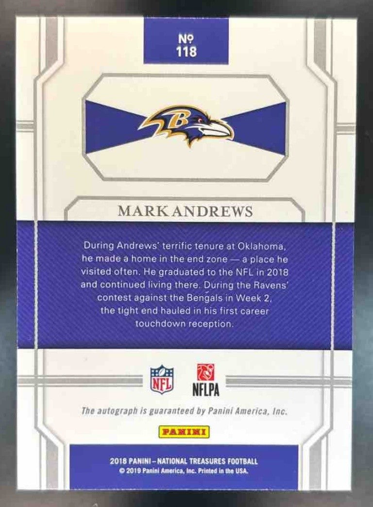 2018 Panini National Treasures Mark Andrews /75 #118 Auto RC Baltimore Ravens