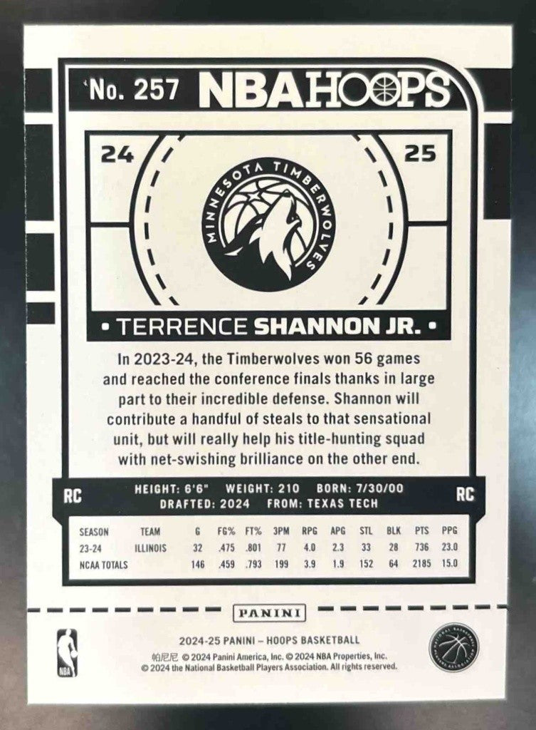 2024-25 Panini Hoops Terrence Shannon Jr. Yellow #257 RC Minnesota Timberwolves