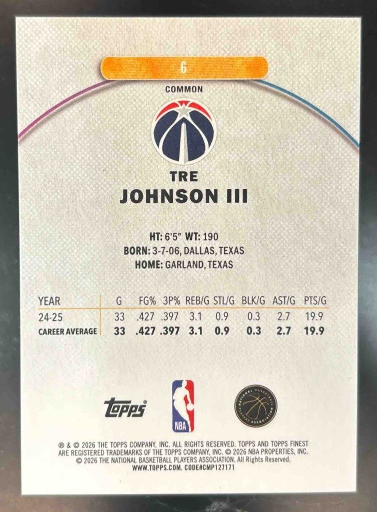 2025-26 Topps Finest Tre Johnson III Sky Blue /350 #6 RC Washington Wizards