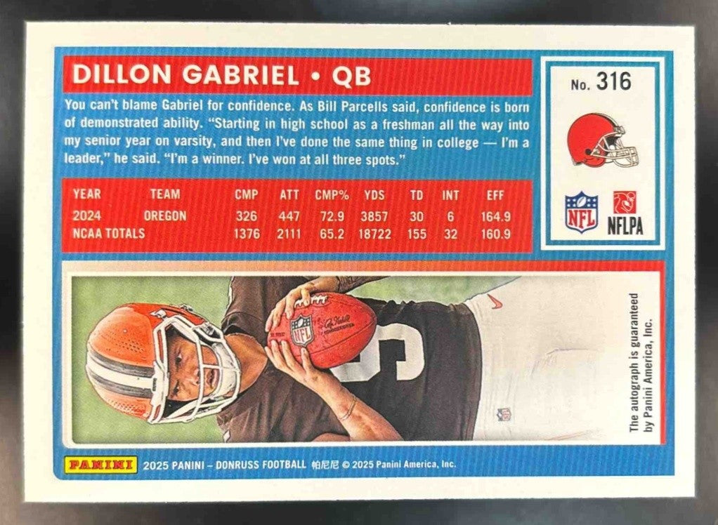 2025 Panini Donruss Dillon Gabriel Auto Orange #316 RC Cleveland Browns