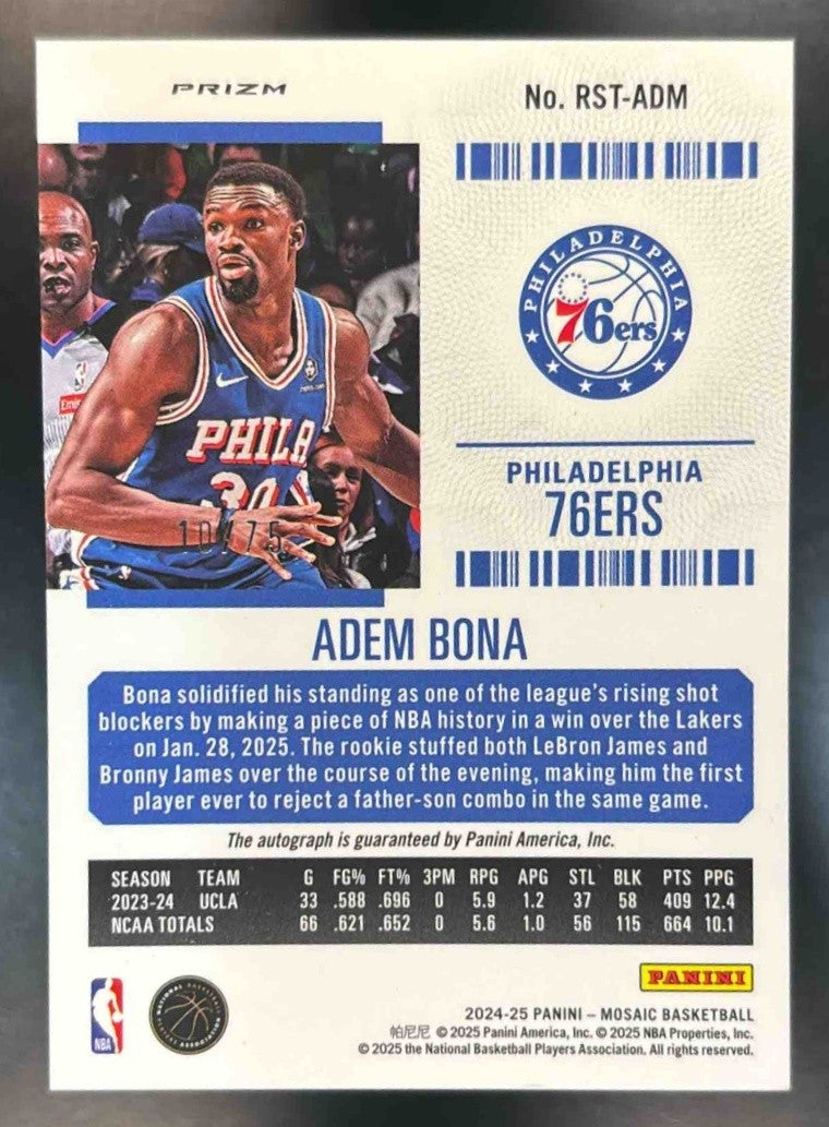 2024-25 Panini Mosaic Adem Bona Contenders Optic 75 RC Auto Philadelphia 76ers