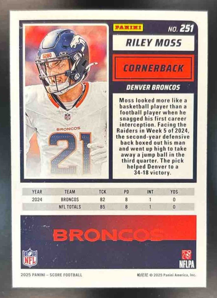 2025 Panini Score Riley Moss Dots Blue /399 #251 Denver Broncos
