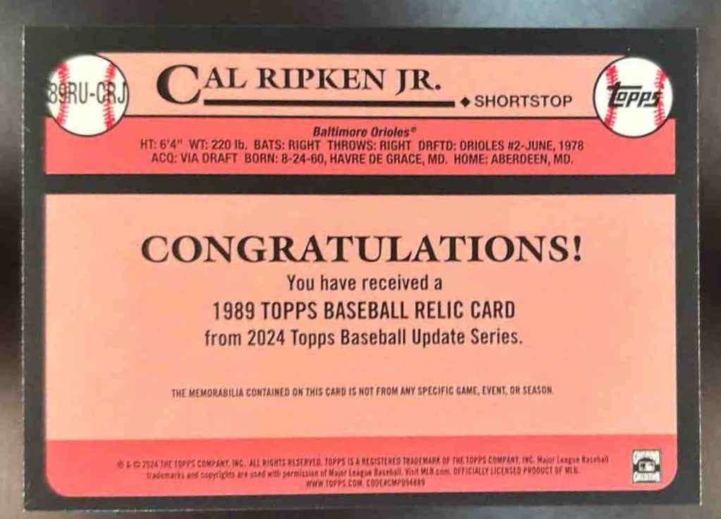 2024 Topps Update Cal Ripken Jr. 1989 Baseball Relics MEM Baltimore Orioles