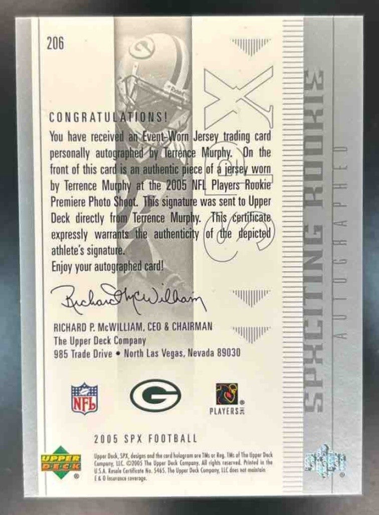 2005 SPx Terrence Murphy /1275 #206 RC PATCH Auto MEM Green Bay Packers