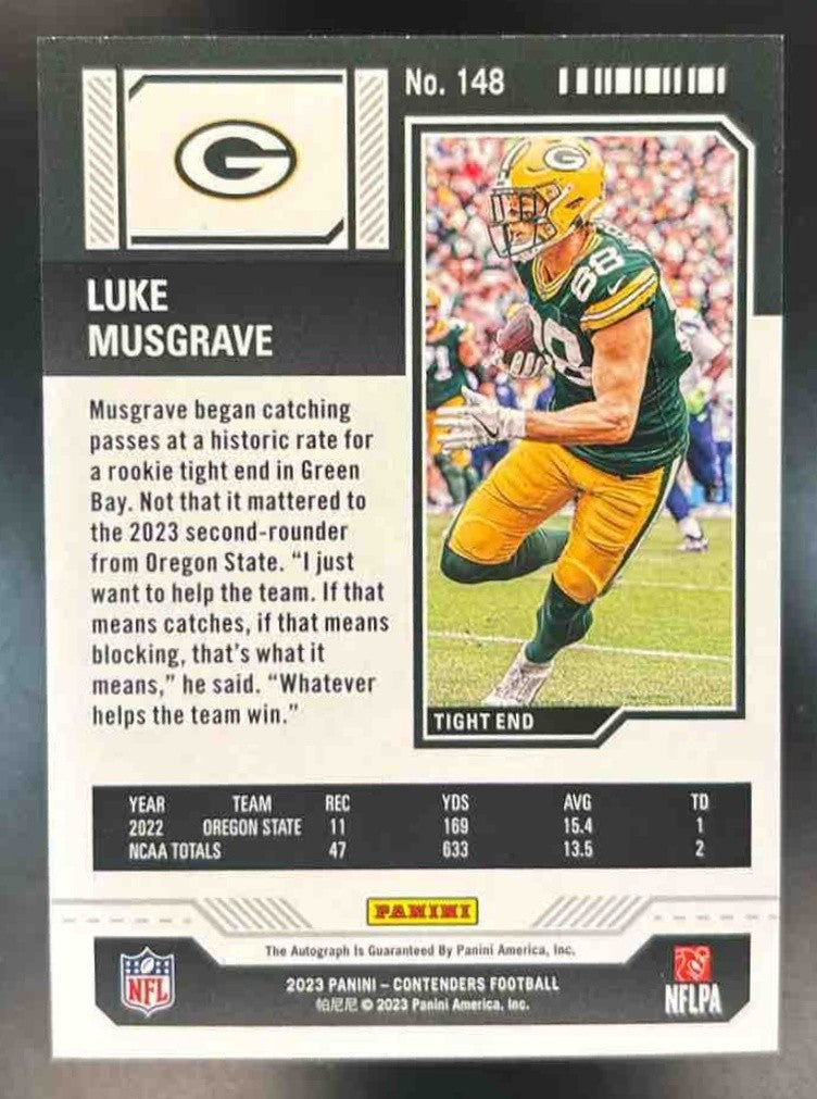2023 Panini Contenders Luke Musgrave /99 #148 Auto RC Rookie Green Bay Packers