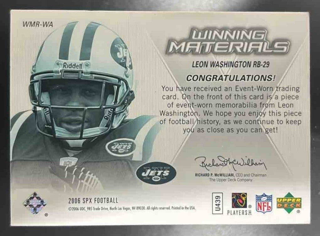 2006 SPx Leon Washington Rookie Winning Materials #WMR-WA MEM RC New York Jets