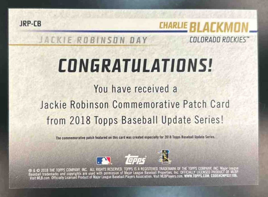 2018 Topps Update Charlie Blackmon Jackie Robinson Day Manufactured Patch Rockie
