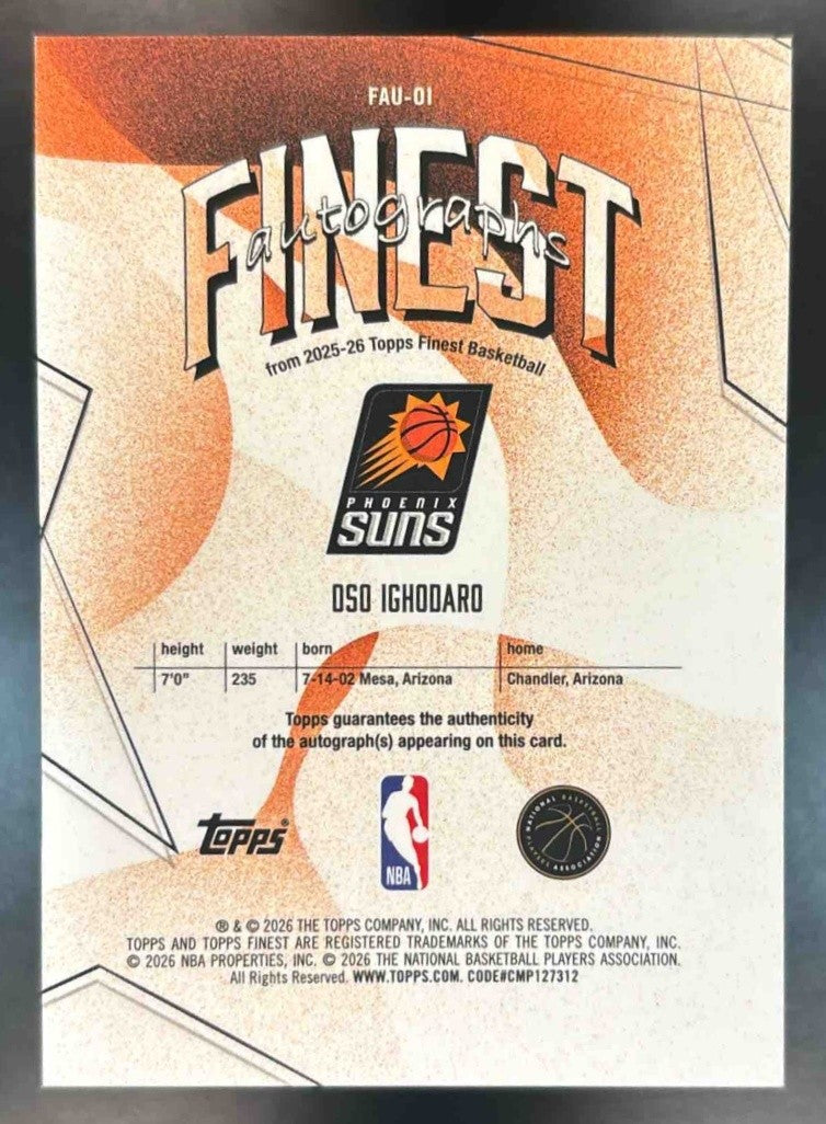 2025-26 Topps Finest Oso Ighodaro Auto Gold Refractor /50 Phoenix Suns