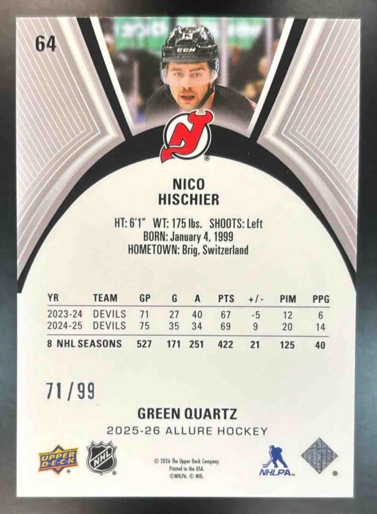 2025-26 Upper Deck Allure Nico Hischier Green Quartz /99 #64 New Jersey Devils