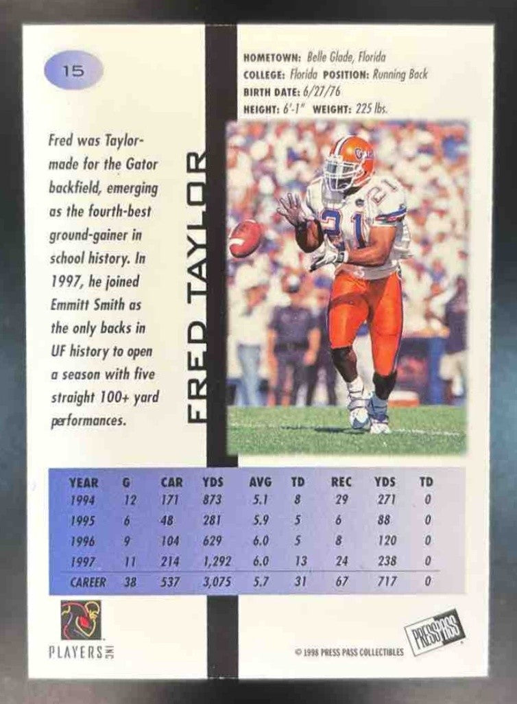 1998 Press Pass Fred Taylor Paydirt Red #15 Florida Gators