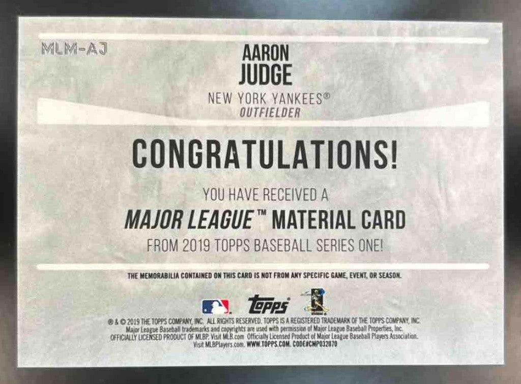 2019 Topps Aaron Judge Major League Material Relics Gold /50 New York Yankees