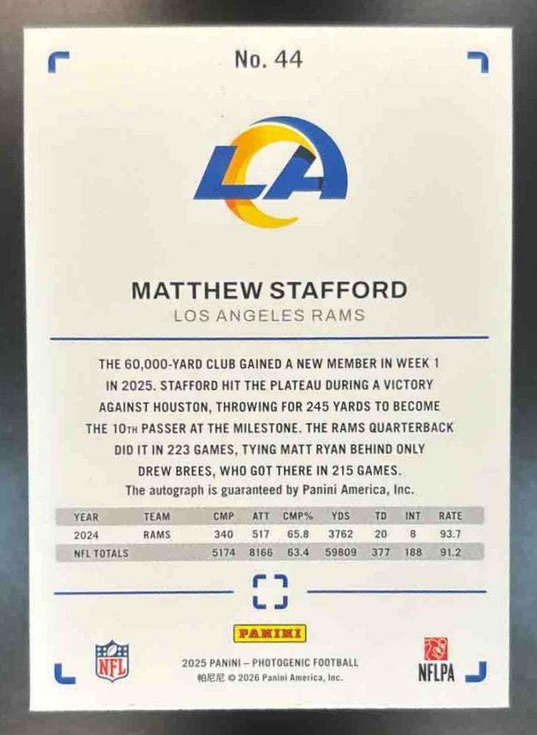 2025 Panini PhotoGenic Matthew Stafford Auto Silver /15 #44 Los Angeles Rams