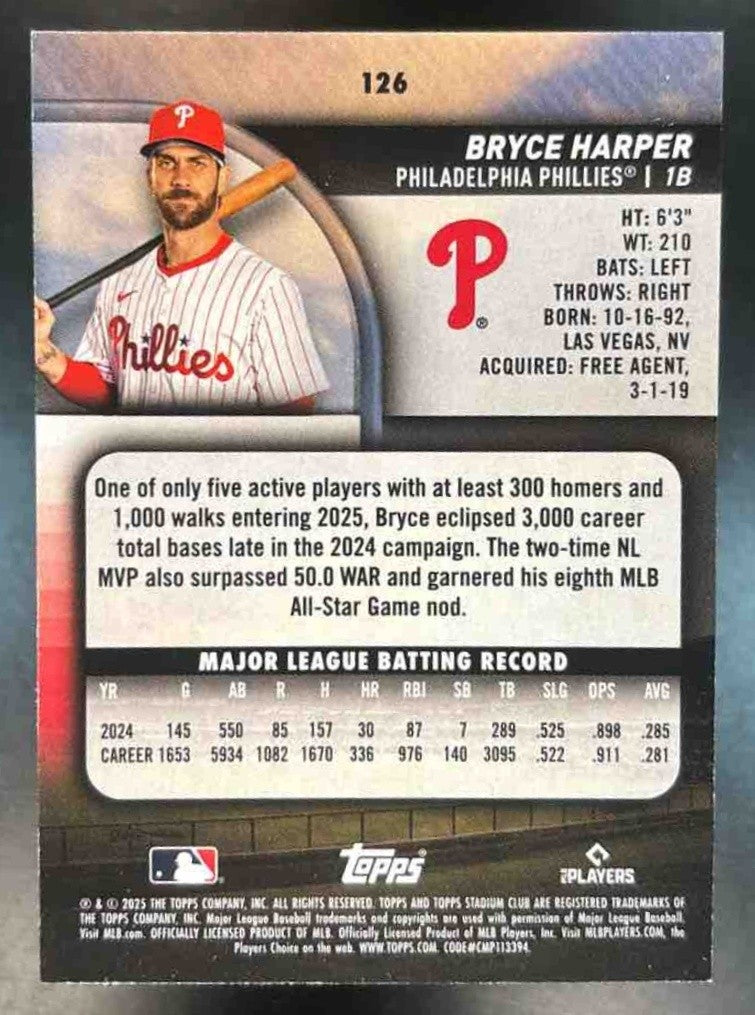 2025 Topps Stadium Club Bryce Harper Black and White #126 Philadelphia Phillies