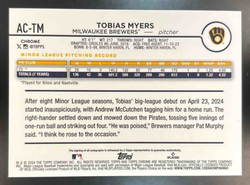 2024 Topps Chrome Update Tobias Myers Aqua Wave Auto /199 RC Milwaukee Brewers