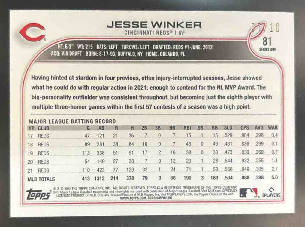 2022 Topps 1st Edition Jesse Winker Hot Pink Foil /10 #81 Cincinnati Reds