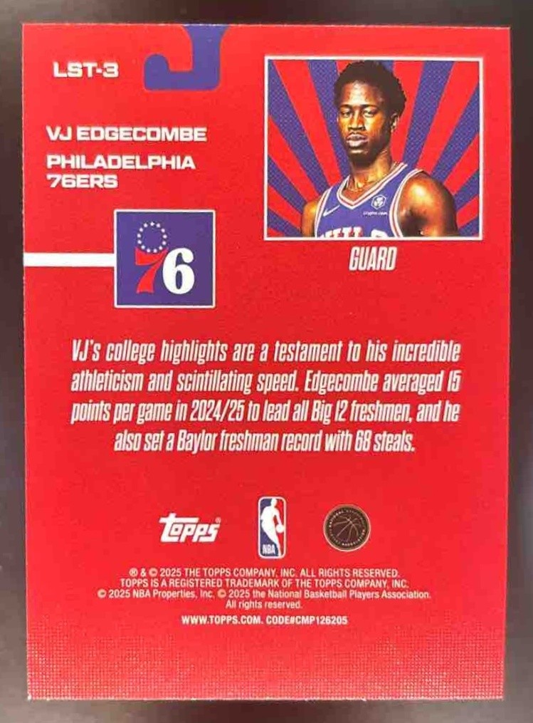 2025-26 Topps VJ Edgecombe Limited Stock Legends #LST-3 RC Philadelphia 76ers