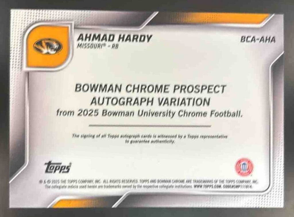 2025 Bowman Chrome University Ahmad Hardy Prospect Auto #BCA-AHA Missouri Tigers
