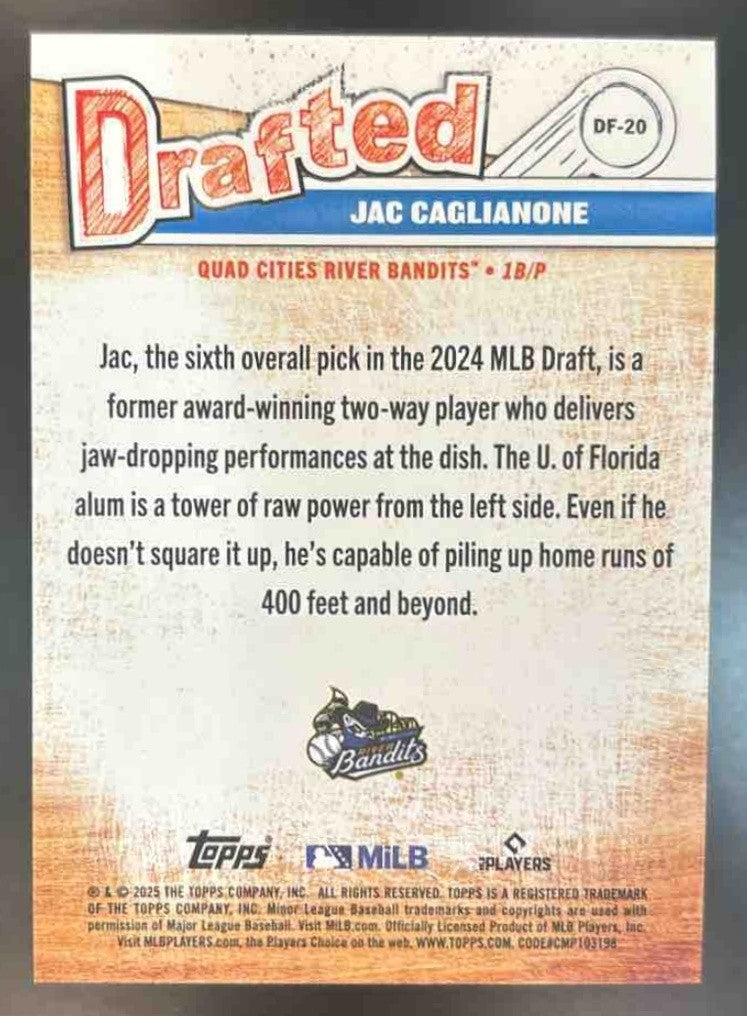 2025 Topps Pro Debut Jac Caglianone Drafted Orange Foil /25 #DF-20 River Bandits