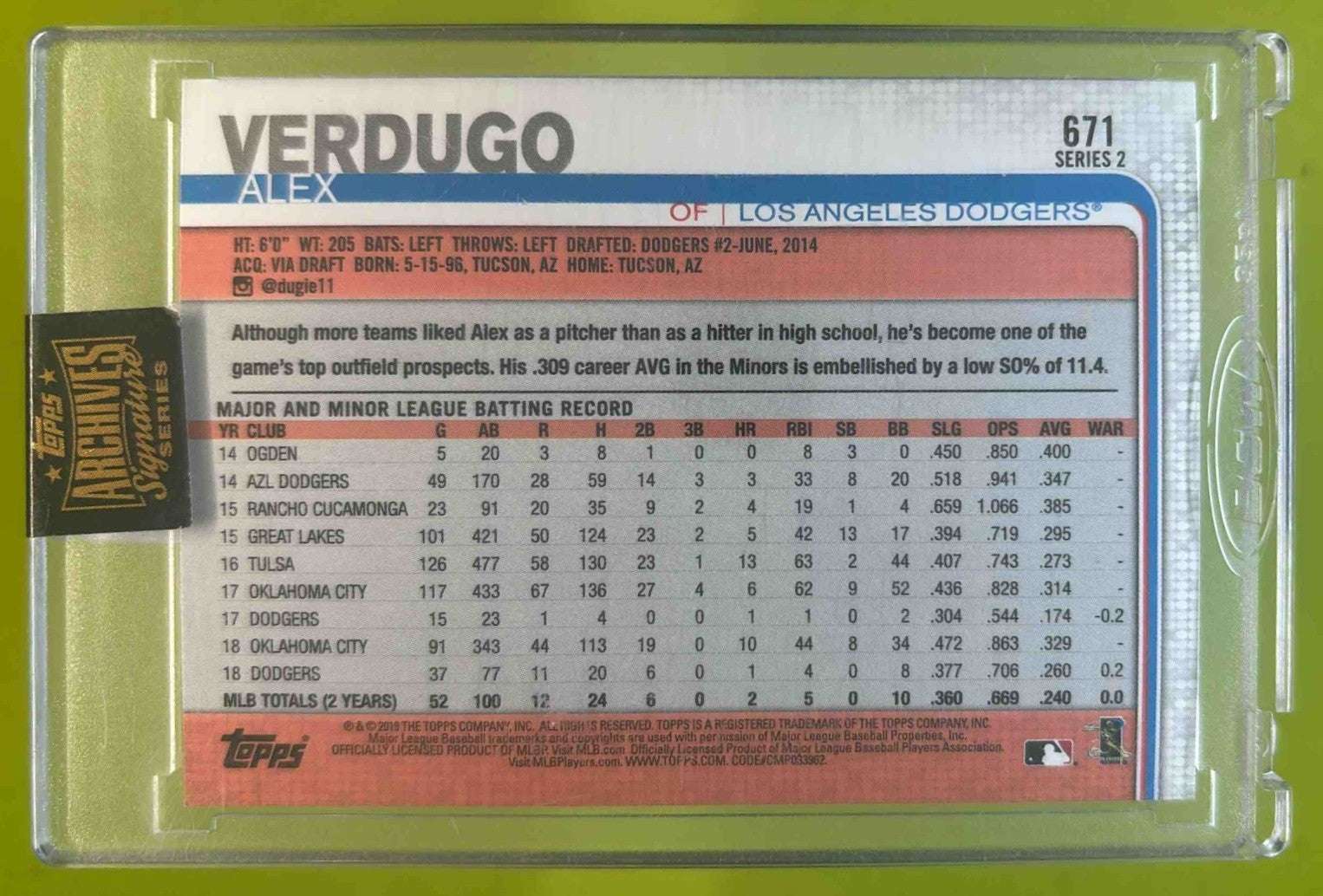 202 Topps Archives Signature Series Alex Verdugo #671 Los Angeles Dodgers 12/18
