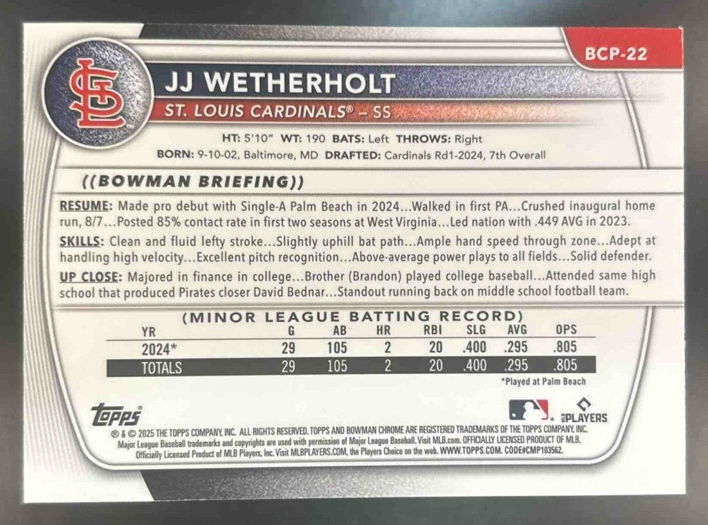 2025 Bowman JJ Wetherholt Chrome Mega Box #BCP-22 1st Prospect Cardinals