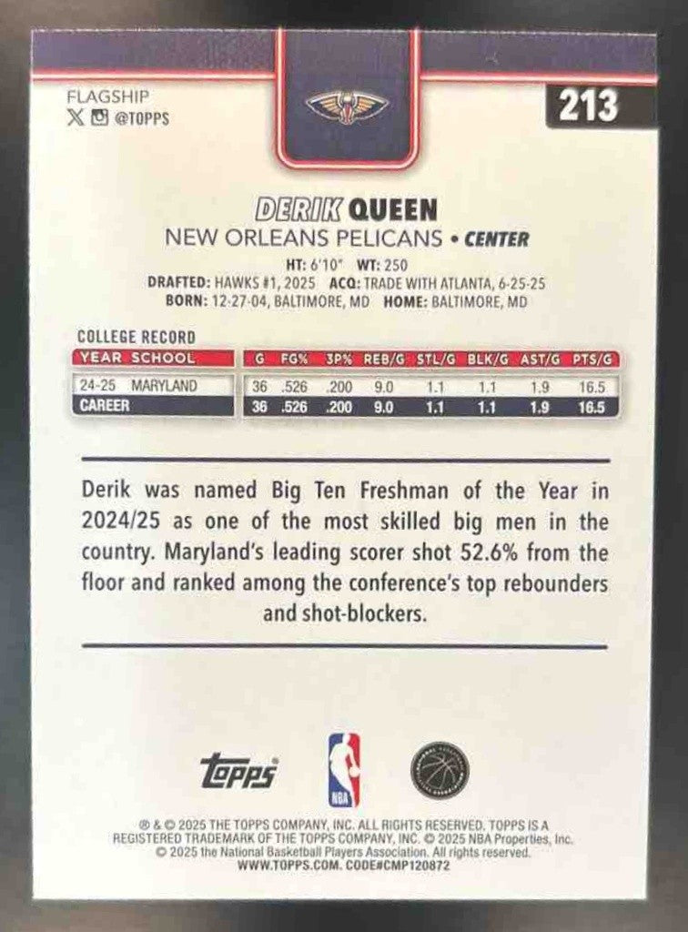 2025-26 Topps Derik Queen Holo Foil #213 RC New Orleans Pelicans