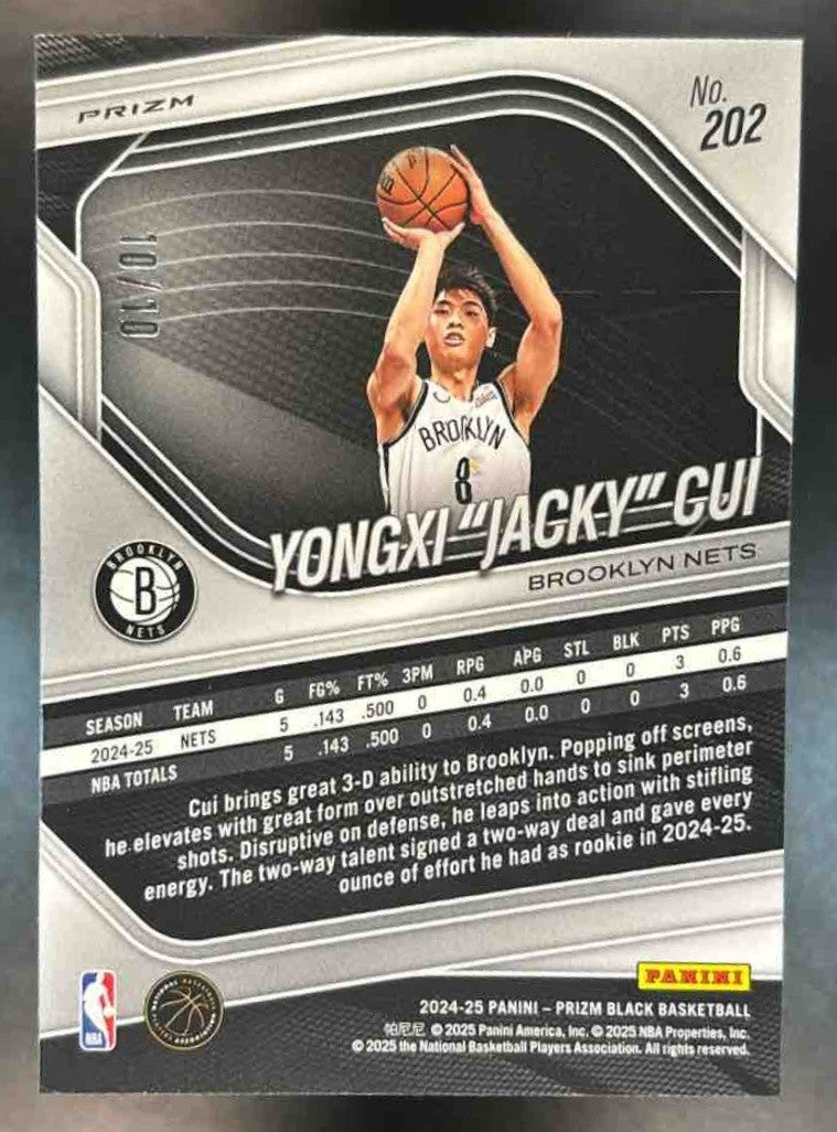2024-25 Panini Prizm Black Yongxi "Jacky" Cui Gold 10/10 #202 RC Brooklyn Nets