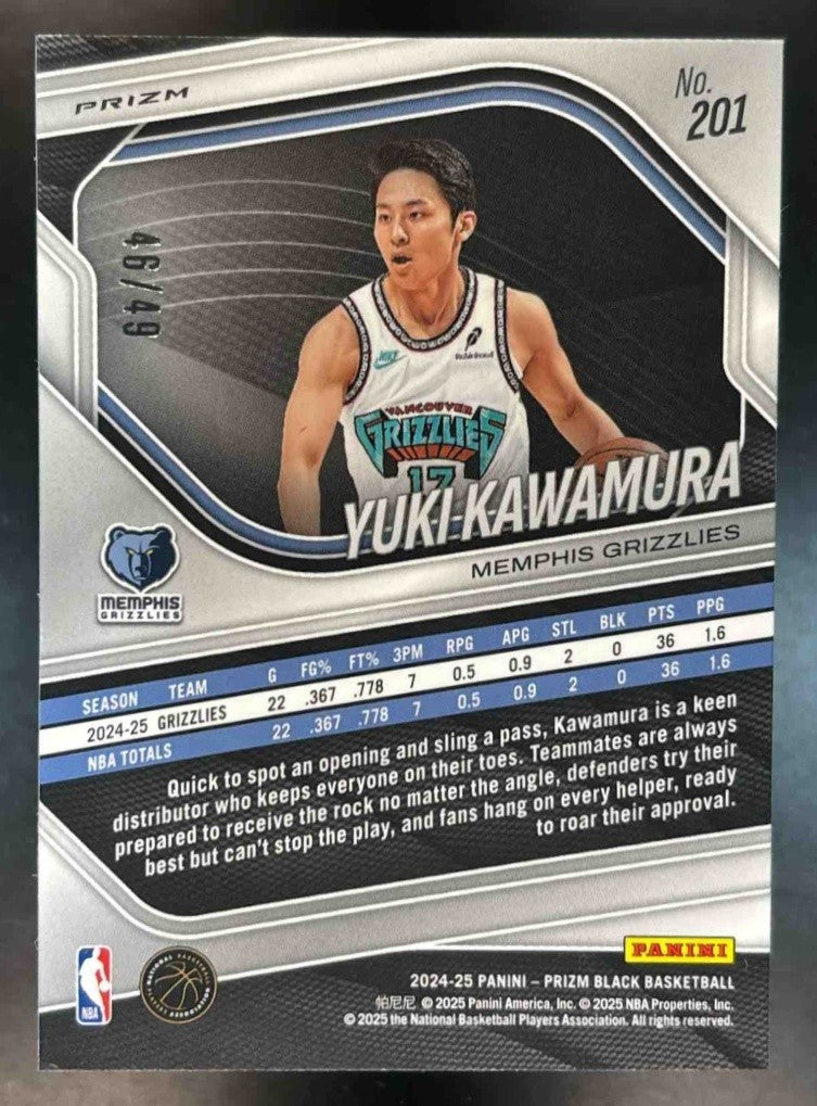2024-25 Panini Prizm Black Yuki Kawamura Orange /49 #201 Memphis Grizzlies