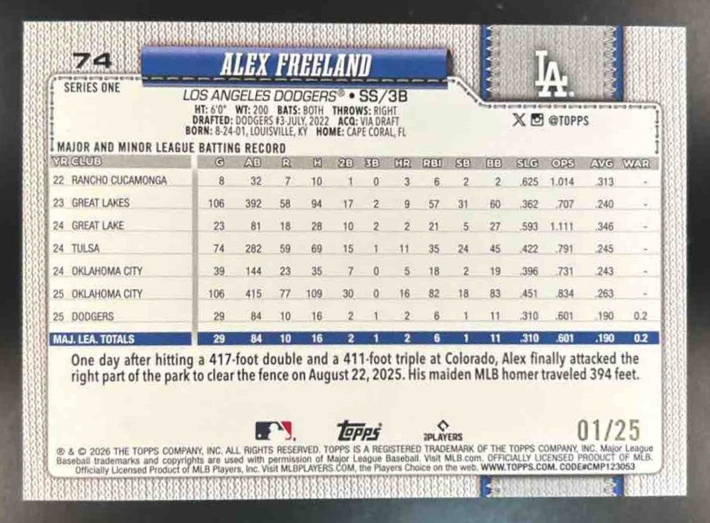 2026 Topps Alex Freeland Orange Rainbow Foil 1/25 #74 RC Los Angeles Dodgers