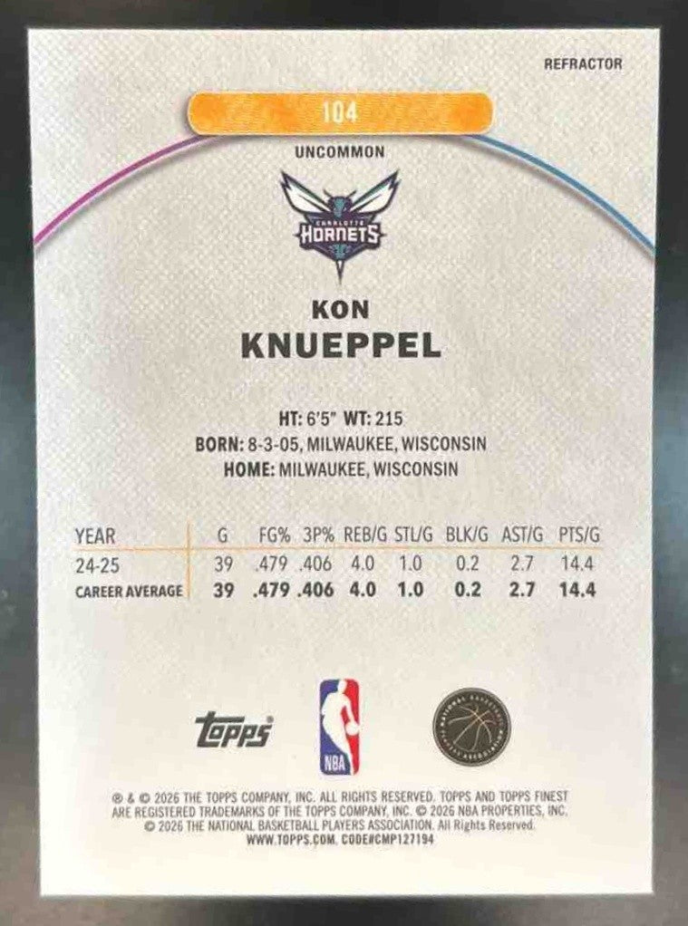 2025-26 Topps Finest Kon Knueppel Uncommon Refractor #104 RC Charlotte Hornets