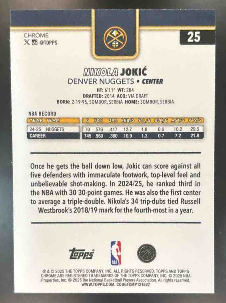 2025-26 Topps Chrome Nikola Jokic X-Fractor #25 Denver Nuggets