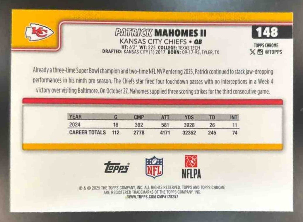 2025 Topps Chrome Patrick Mahomes II Red/White/Blue #148 Kansas City Chiefs