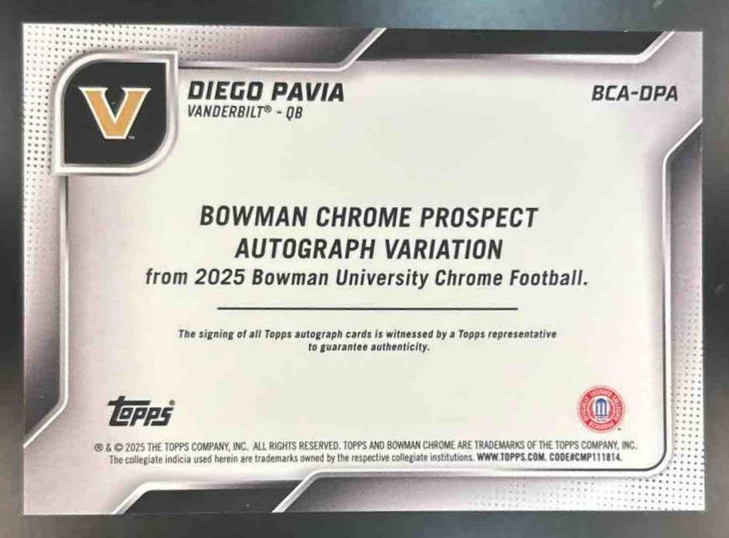2025 Bowman Chrome University Diego Pavia Prospect Auto Stealth Refractor
