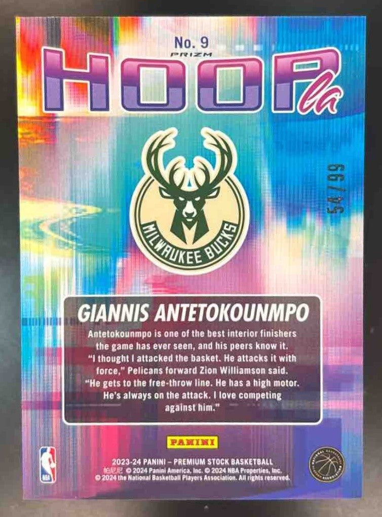 2023-24 Hoops Premium Stock Giannis Antetokounmpo Hoopla Red Ice /99 #9 Bucks