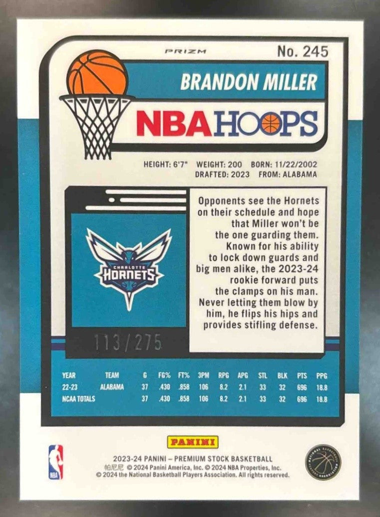2023-24 Hoops Premium Stock Brandon Miller Red /275 #245 Charlotte Hornets
